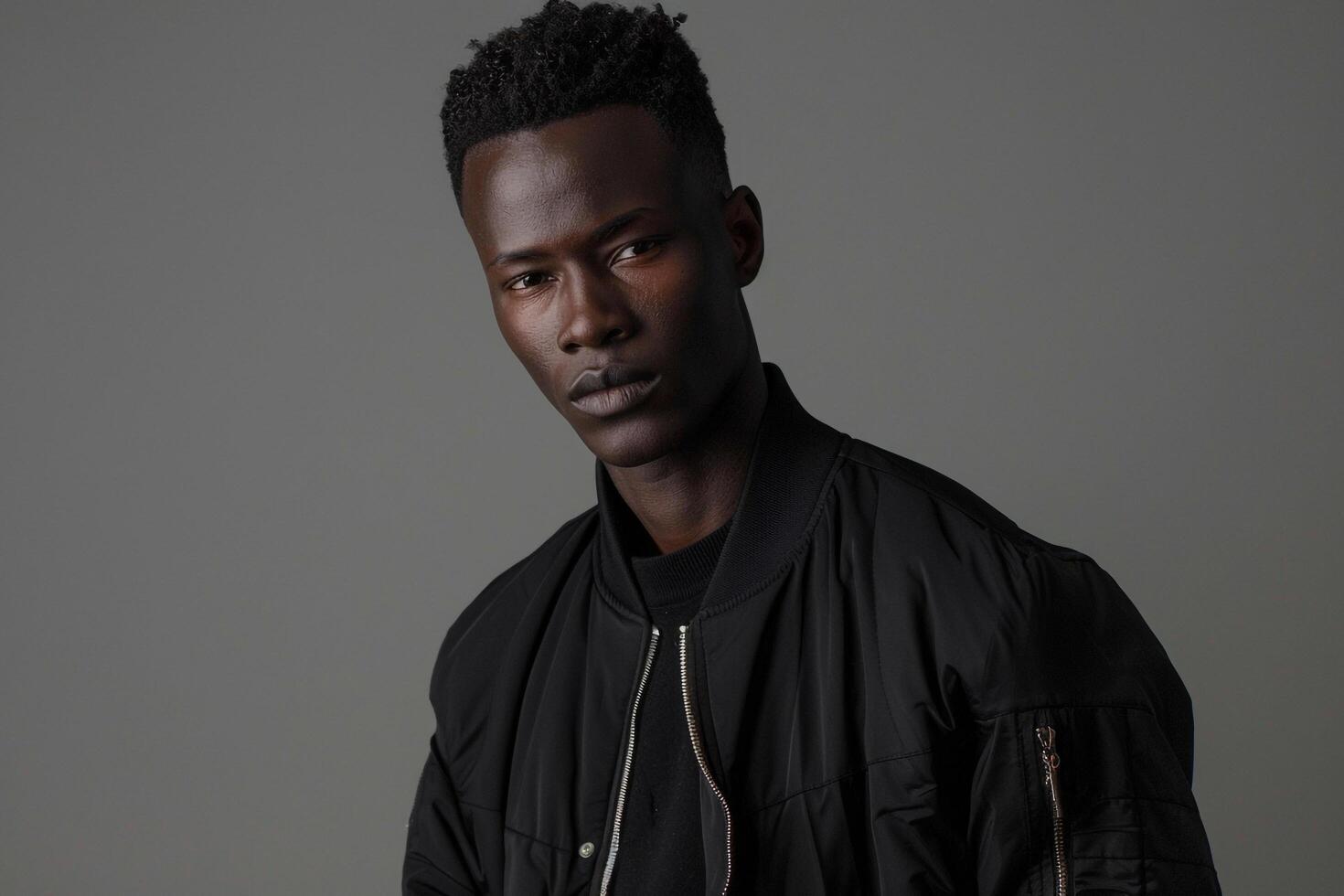 Stylish Male Fashion Model in Zip Up Jacket with Light Charcoal Background for Modern Lifestyle photo