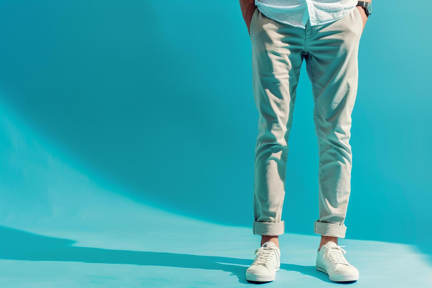 elegant Male in Trendy pants with Aqua Blue Background for Fashionable Lifestyle photo