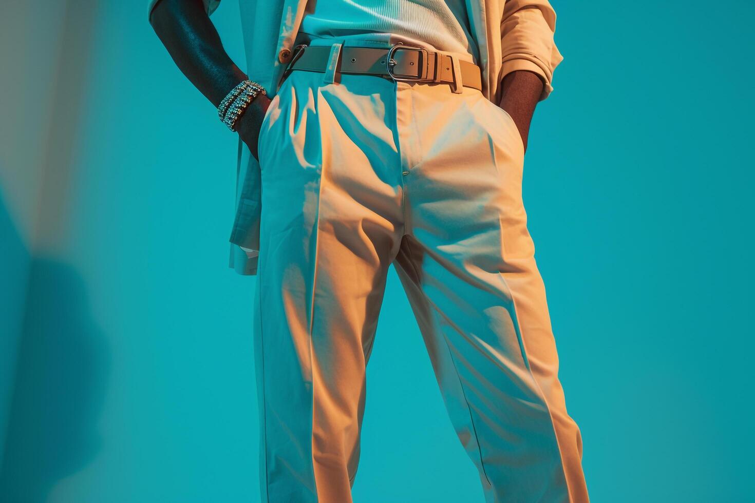 Stylish Male in Trendy pants with Aqua Blue Background for Fashionable Lifestyle portrait photo