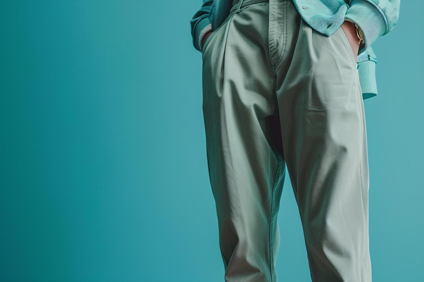 Fashionable Male in Trendy pants with Aqua Blue Background for Contemporary Look photo