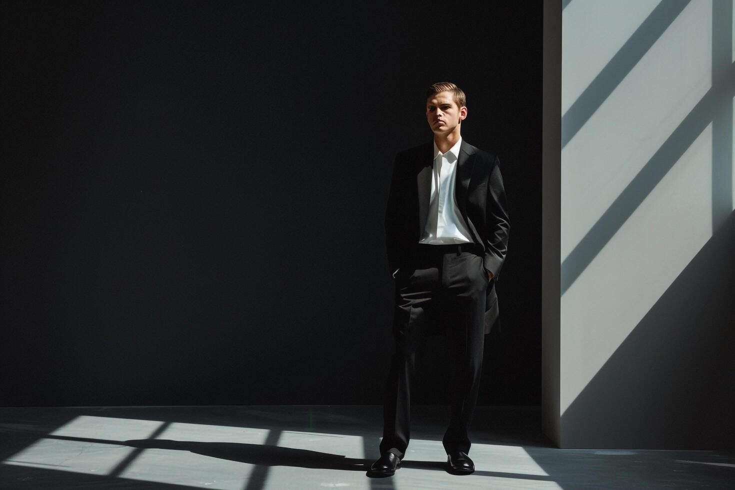 Stylish male model in a matte black pantsuit captured against a sleek backdrop for a modern fashion portrait with a sophisticated flair photo