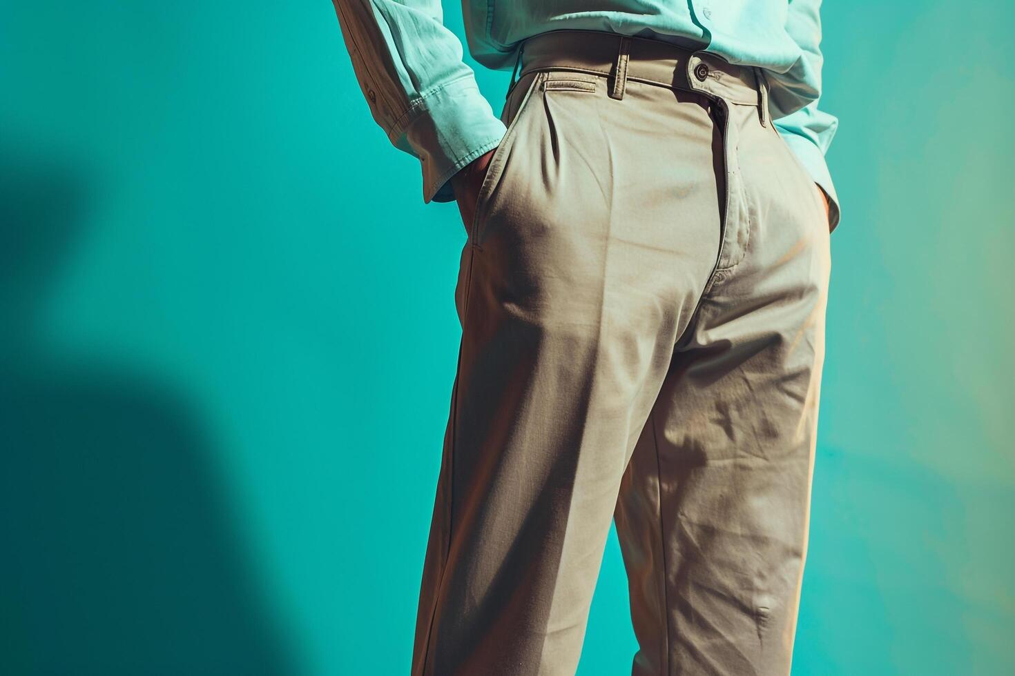 Handsome male model in trendy aqua blue pants featured against a matching background for a dynamic fashion portrait emphasizing a fresh modern look photo