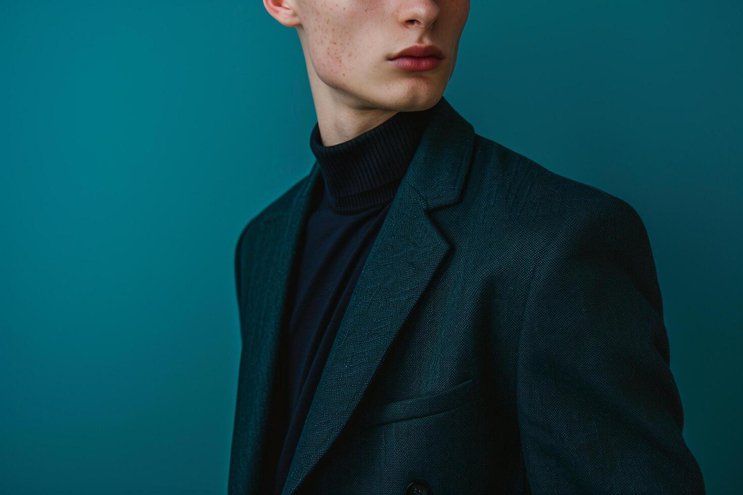 Stylish male fashion model in a mint blazer posed against a matching background for a sharp modern fashion portrait ideal for upscale fashion showcases photo