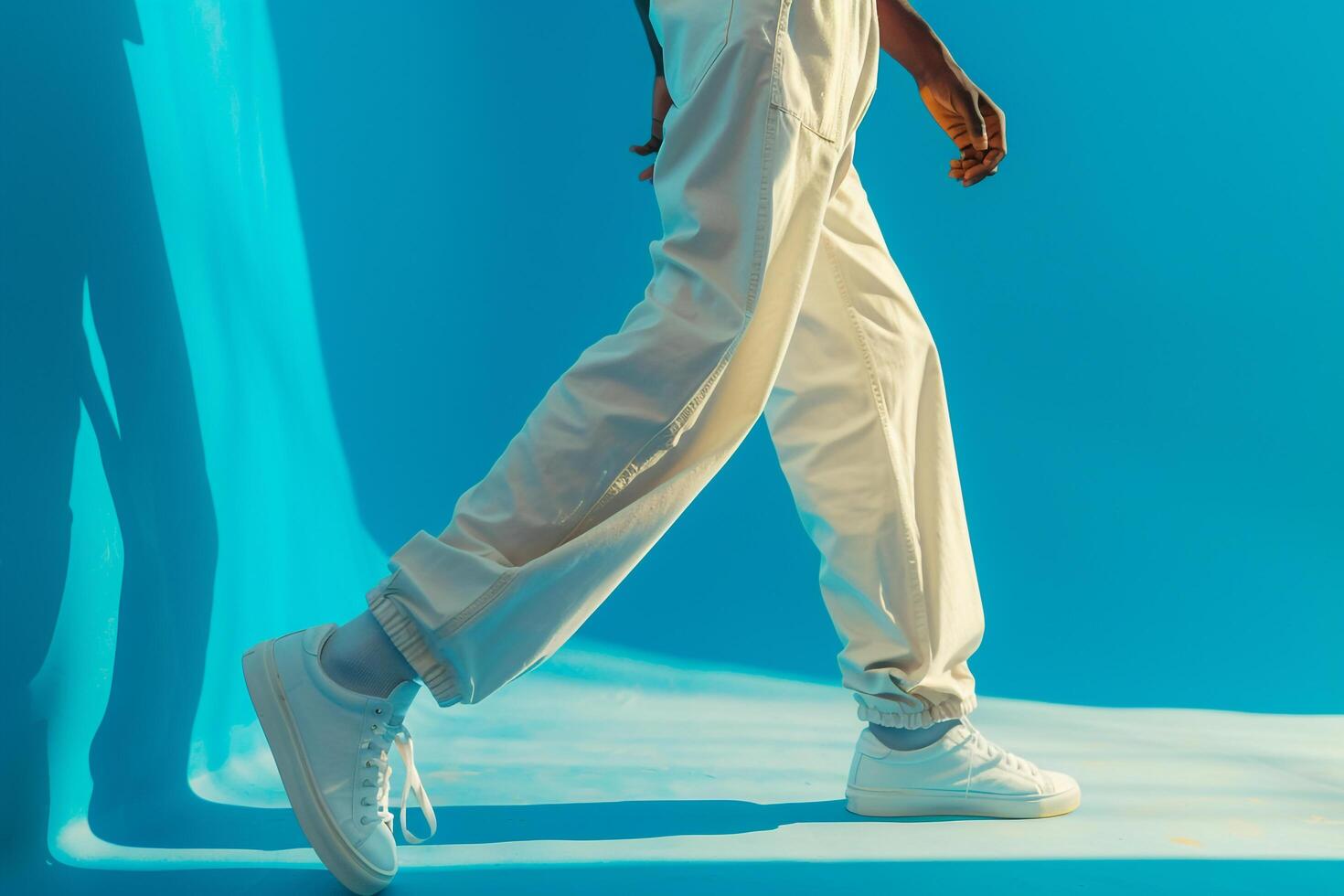 Trendy male model in aqua blue pants with a coordinating background presenting a stylish portrait that highlights a contemporary and vibrant fashion sense photo