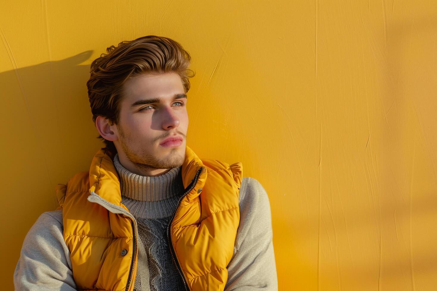 Modern male model in a trendy lemon yellow vest set against a matching background for a lively fashion portrait that showcases a vibrant contemporary look photo