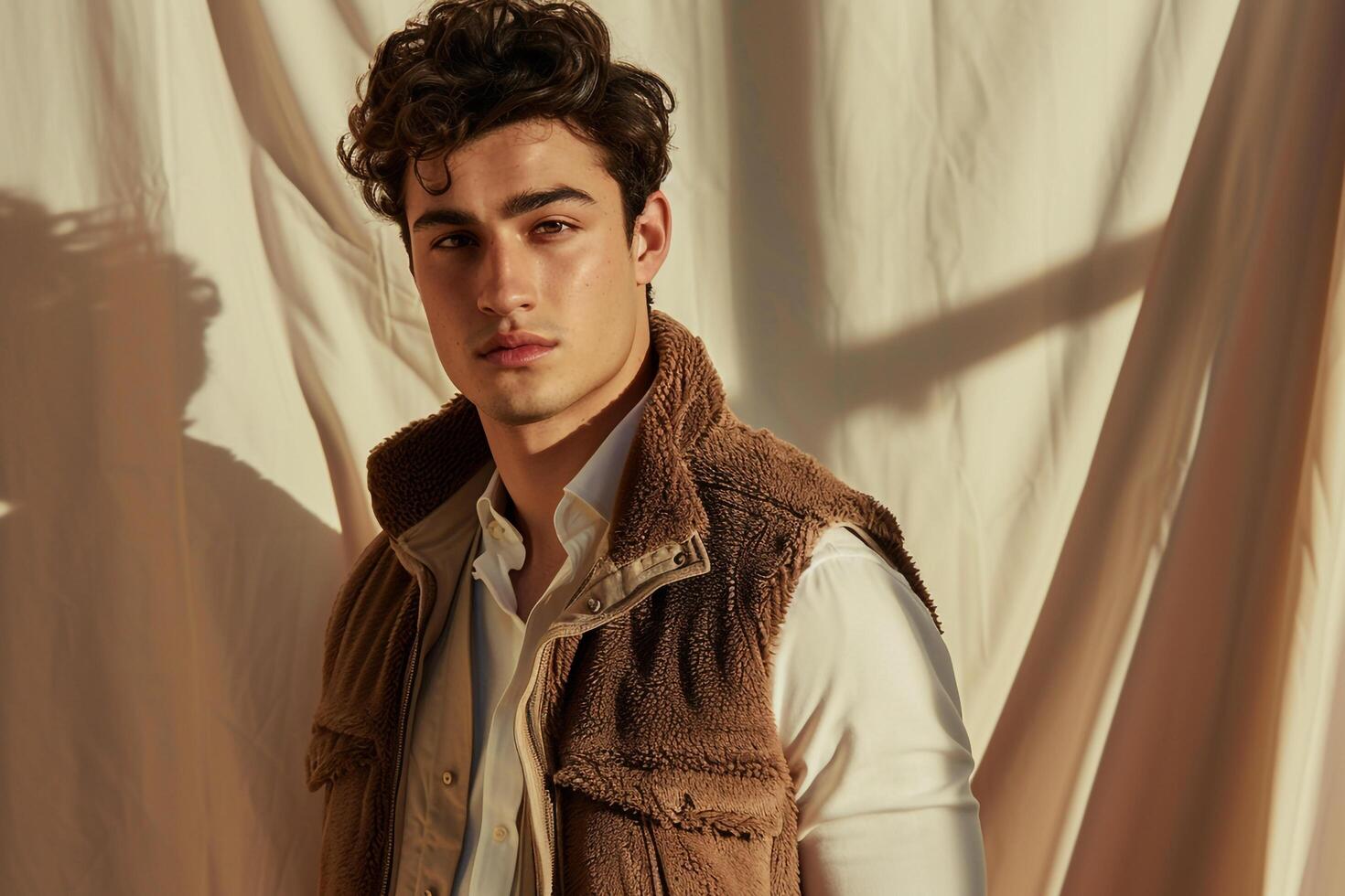 Stylish male model in a beige vest set against a matching backdrop for a refined fashion portrait that combines contemporary flair with classic charm photo