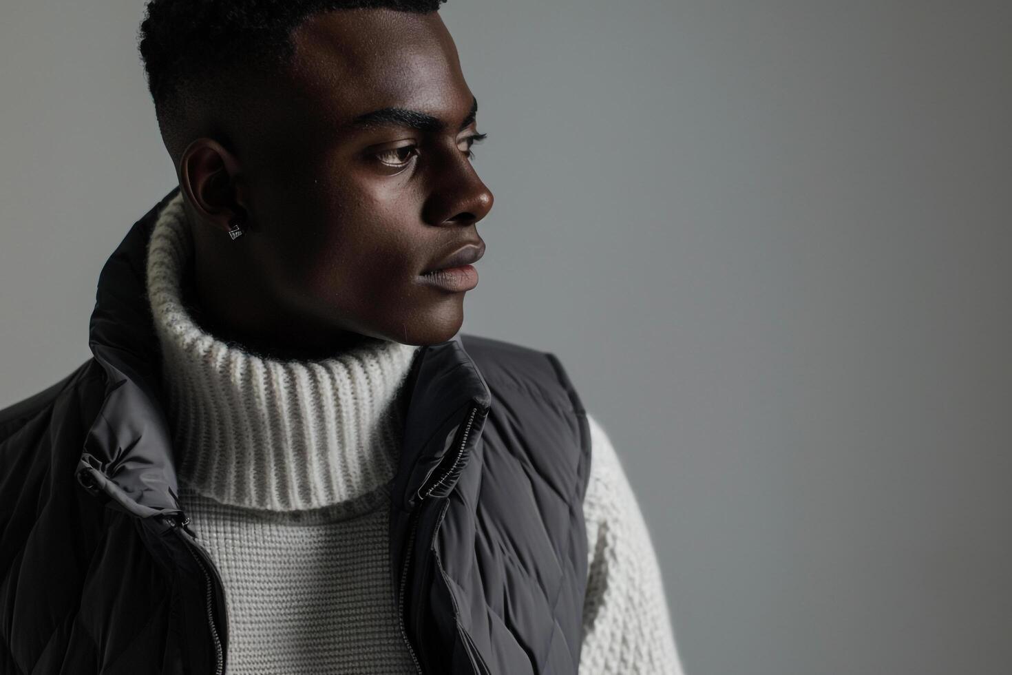 Handsome male model in a gray vest with a matching background for a sophisticated fashion portrait that blends modern style with timeless elegance photo