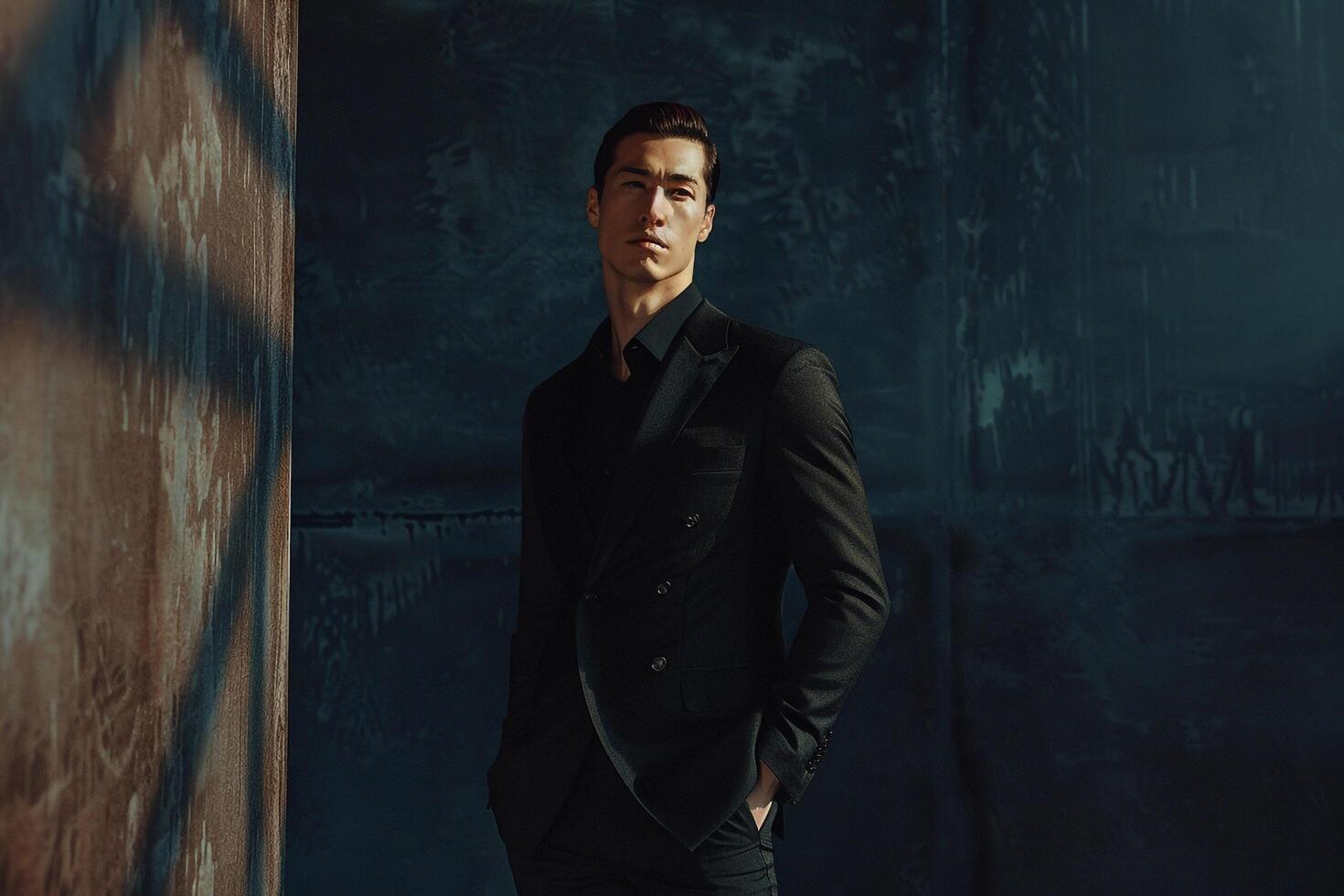 Stylish male model in a black pantsuit set against a dark background for a high fashion portrait that emphasizes modern sophistication and classic charm photo
