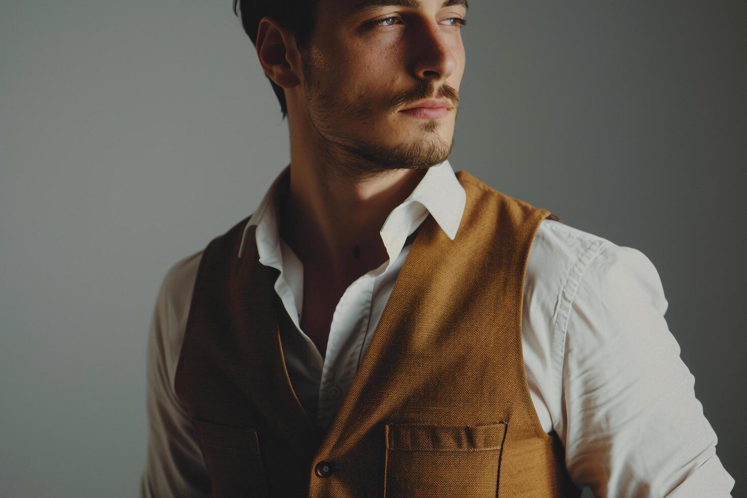 elegant male model in a gray vest featured with a matching backdrop for a sophisticated fashion portrait that combines modern trends with classic elegance photo