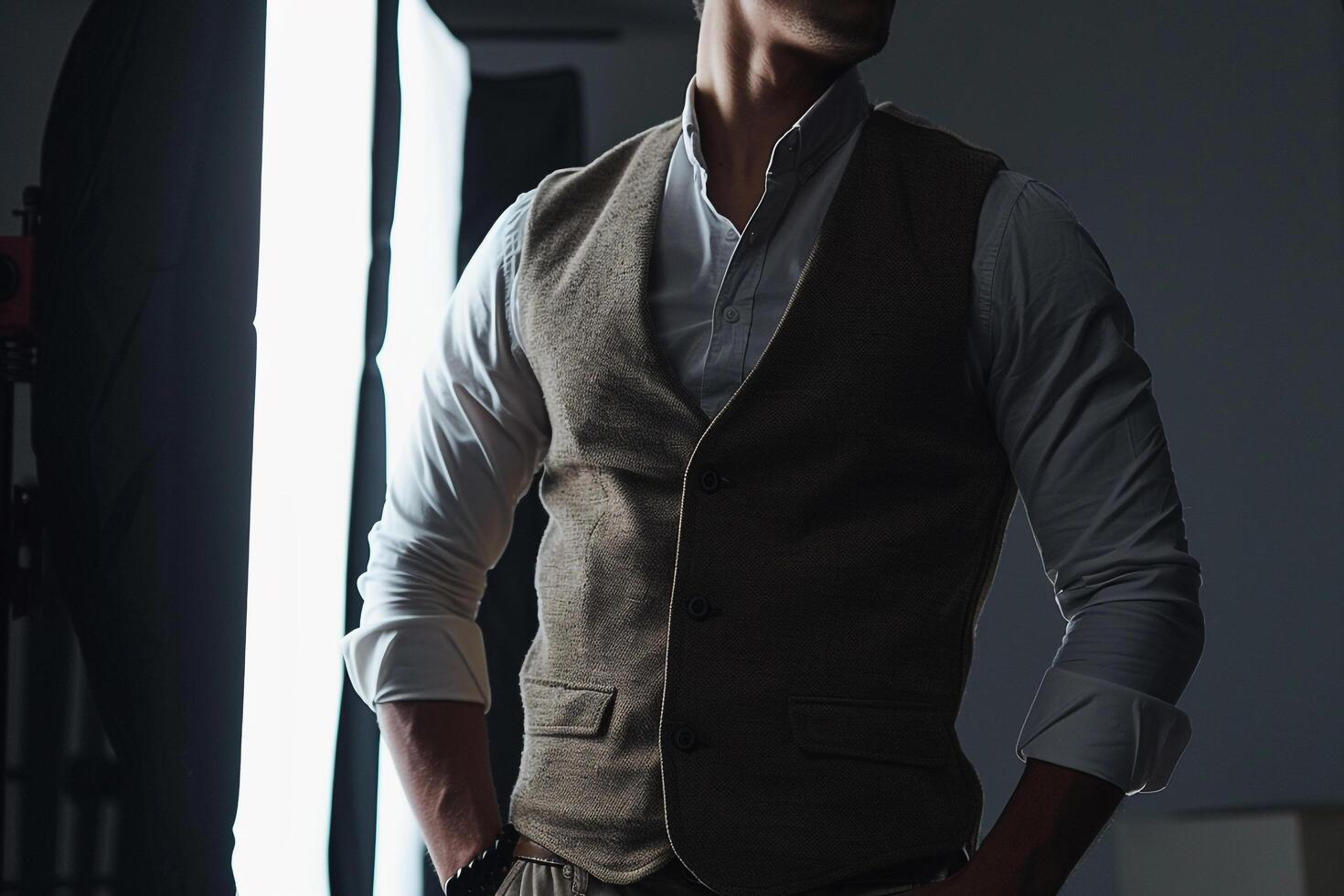 Stylish male model in a matte black vest posed with a dark backdrop for a sophisticated portrait that combines modern trends with classic elegance photo