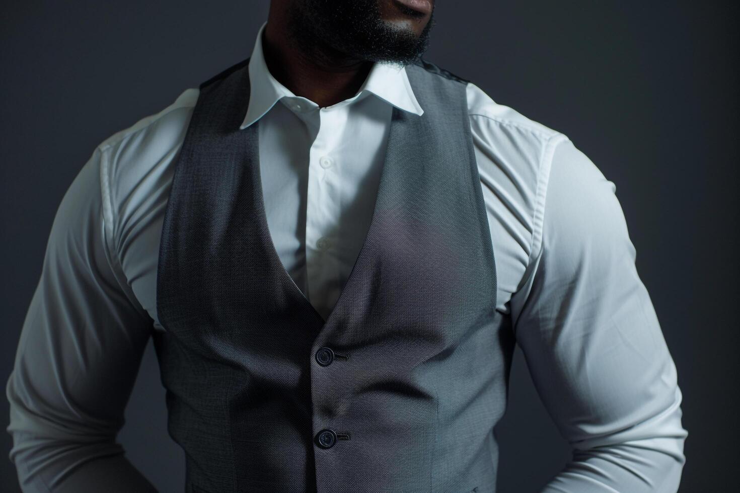 matte black vest featuring a sleek background for a high fashion portrait that highlights contemporary elegance and style photo