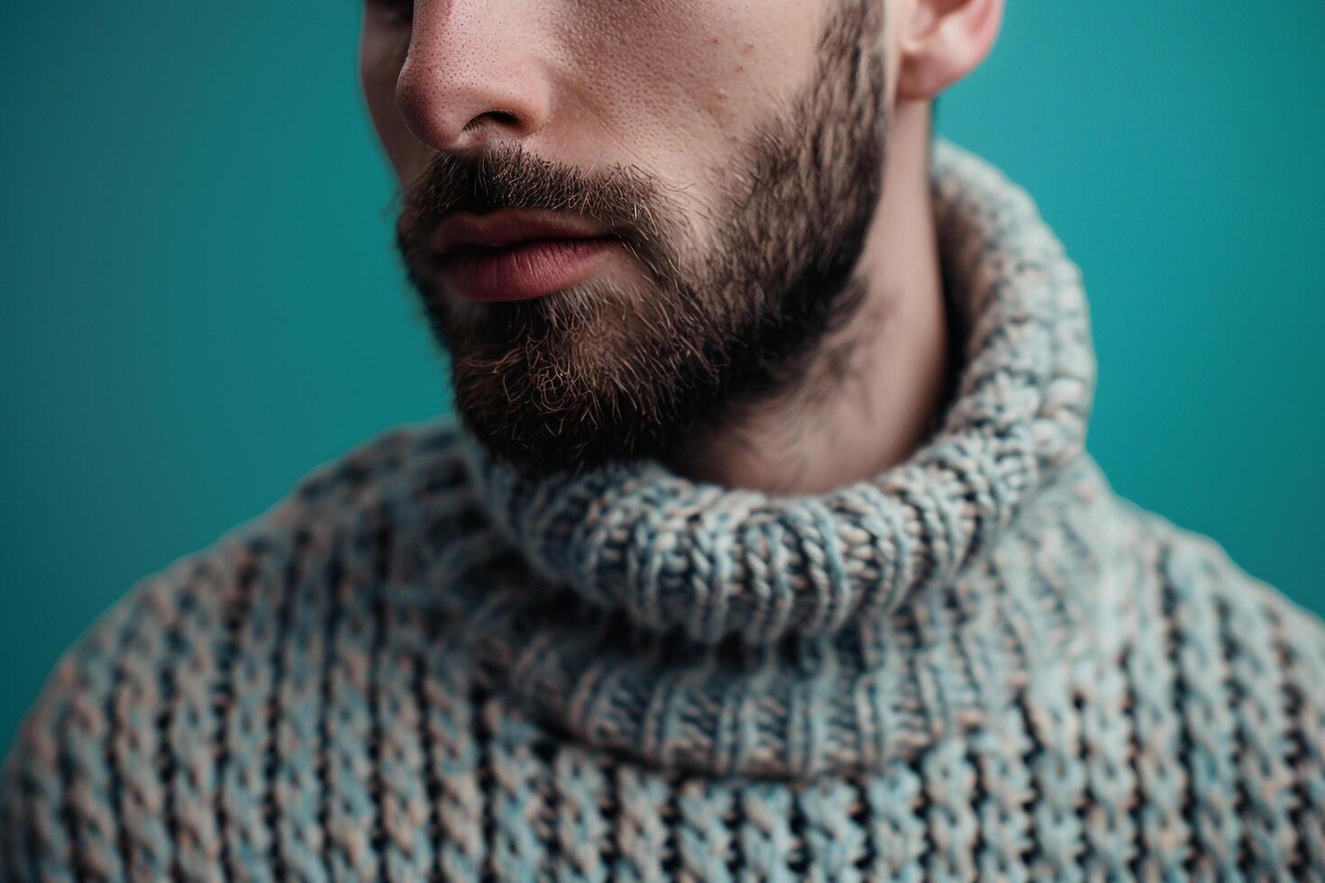Fashionable male model in a trendy sweater with a turquoise blue backdrop featuring a chic portrait that emphasizes modern trends with a fresh stylish look photo