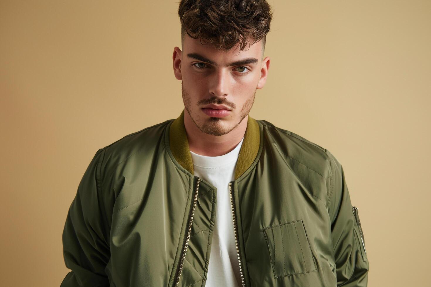 Stylish male model in a zip up jacket with a light olive backdrop presenting a dynamic fashion portrait that blends modern trends with a chic relaxed look photo