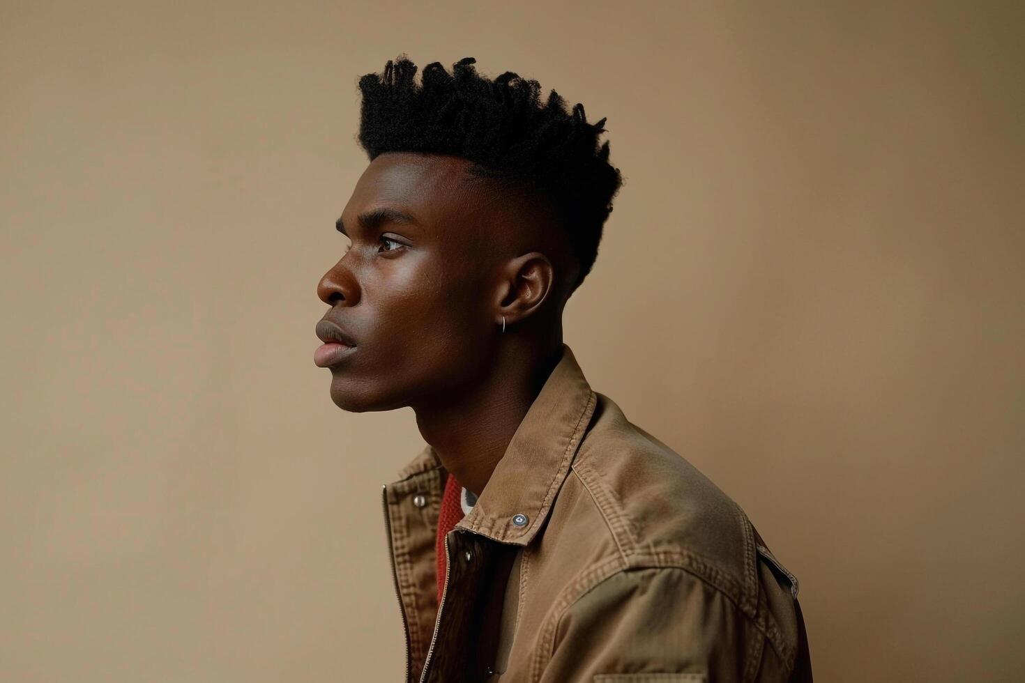 Stylish male model in a zip up jacket with a light olive background offering a casual yet trendy portrait that highlights modern fashion with a chic touch photo