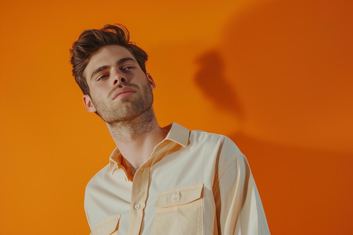 Handsome male model in a long sleeve shirt with a bright orange background featuring a dynamic portrait that blends modern trends with a stylish vibrant look photo