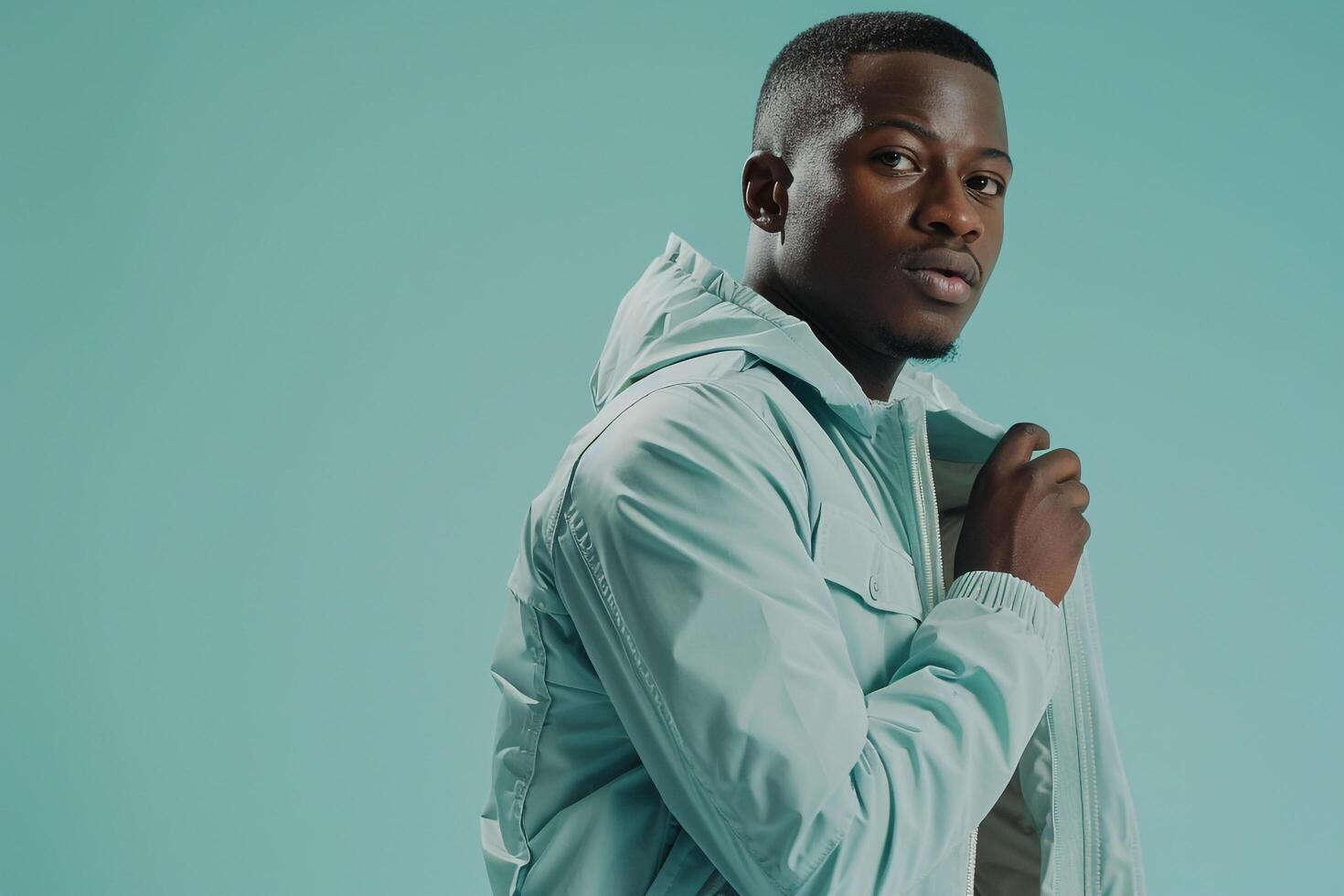 Trendy male fashion model in a zip up jacket with a mint green background stylish portrait focusing on modern Males outerwear and chic fashion choices photo