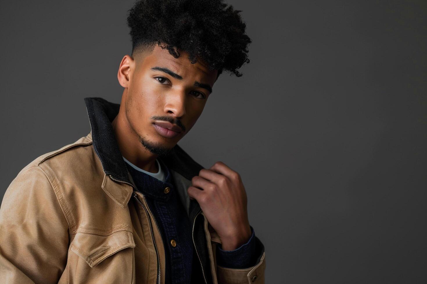 Trendy male fashion model in a zip up jacket with a costume gray background sophisticated Males portrait highlighting contemporary outerwear and style photo