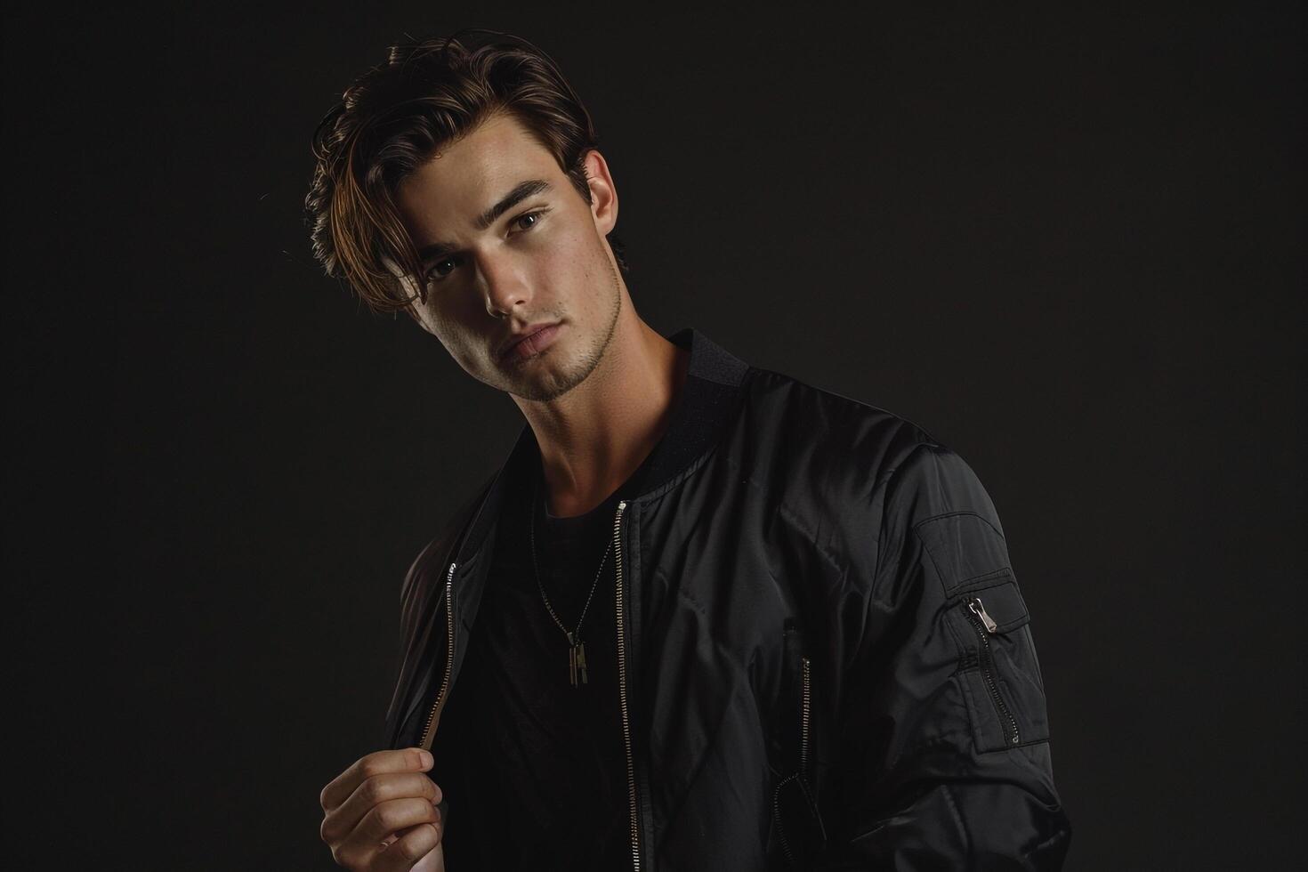 elegant male model in a zip up jacket with a dark charcoal background sophisticated portrait emphasizing contemporary fashion and modern outerwear styles photo