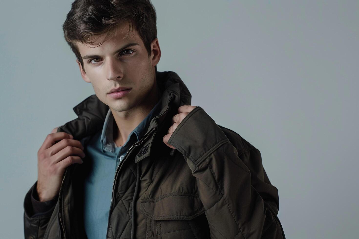 Trendy male fashion model in a zip up jacket with a neutral outfit and background modern portrait highlighting versatile and stylish fashion choices photo
