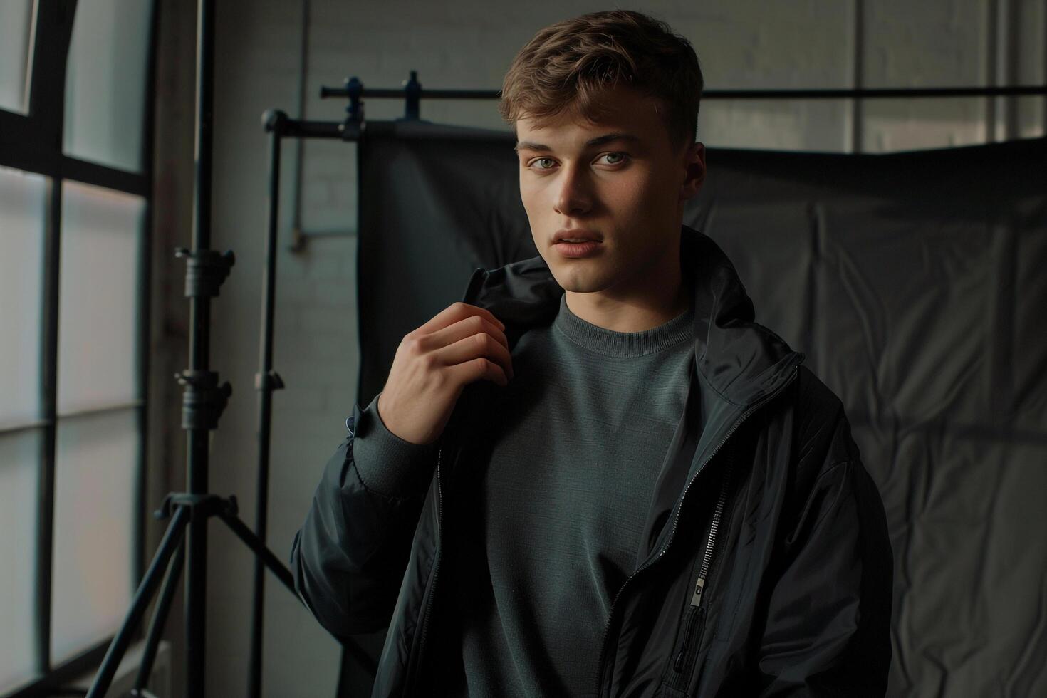 elegant male model in a zip up jacket with a dark charcoal background contemporary portrait emphasizing stylish outerwear and modern Males fashion photo