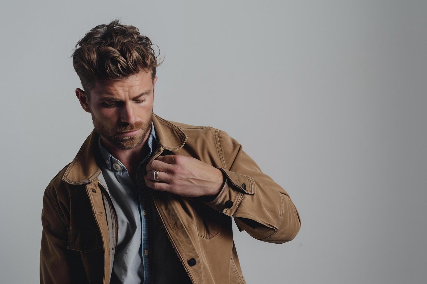 Fashionable male model in a zip up jacket with a neutral outfit and background chic Males portrait emphasizing trendy and versatile fashion styles photo
