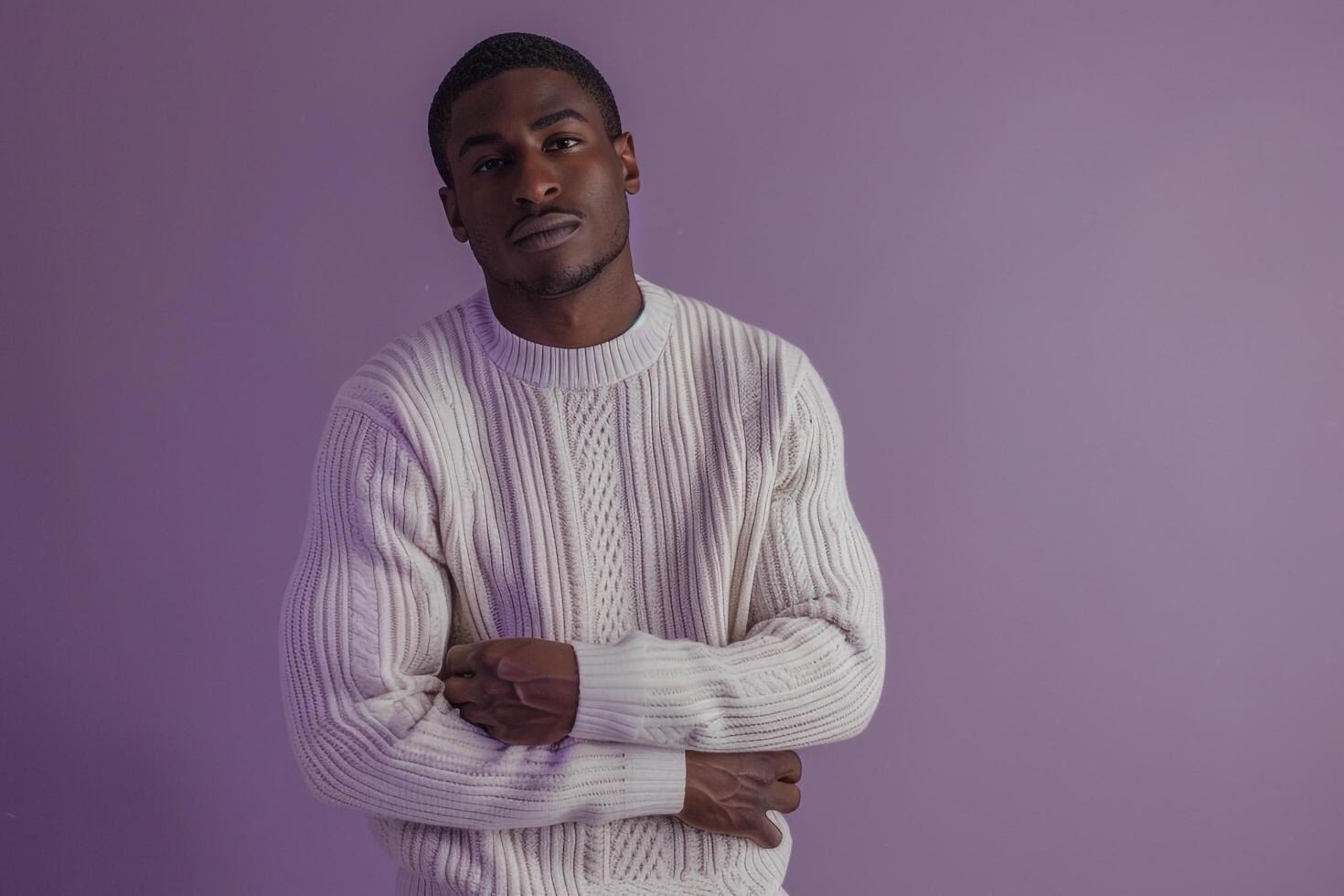 Fashion forward male model in a sweater with a soft lilac background chic portrait focusing on contemporary Males fashion and elegant sweater styles photo
