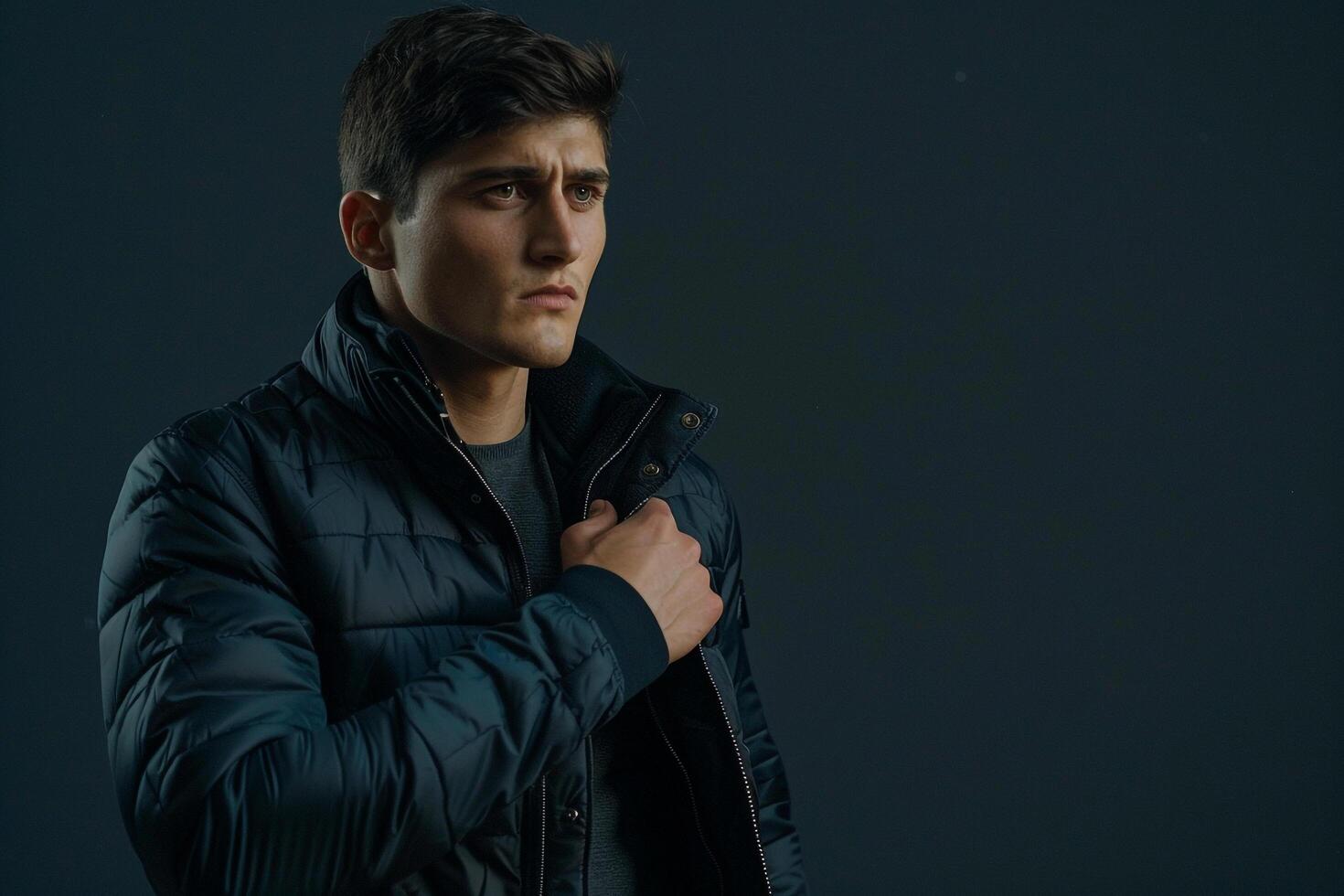 Stylish male fashion model in a zip up jacket with a dark charcoal background contemporary portrait showcasing modern outerwear and trendy fashion choices photo