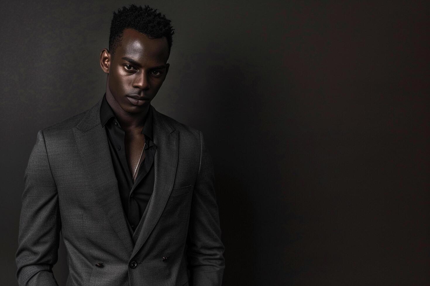 elegant male model in a tailored blazer with a glossy black background chic portrait showcasing sophisticated Males fashion and modern outerwear photo
