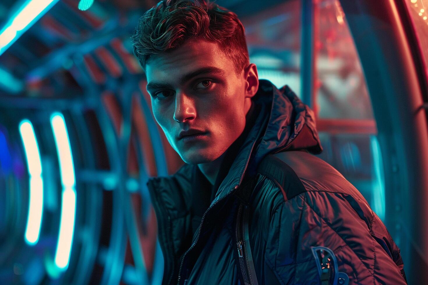 Trendy male fashion model in a futuristic holographic Males jacket contemporary portrait highlighting modern and innovative fashion styles photo