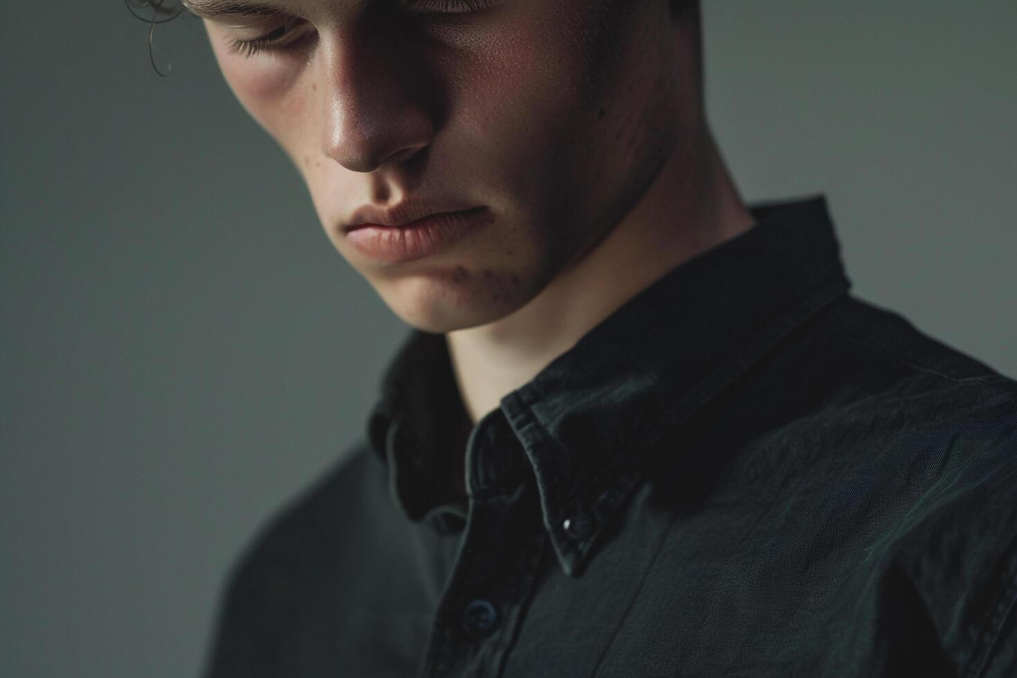 Fashionable male model in an istt shirt with a light concrete background modern portrait highlighting chic and contemporary Males fashion choices photo