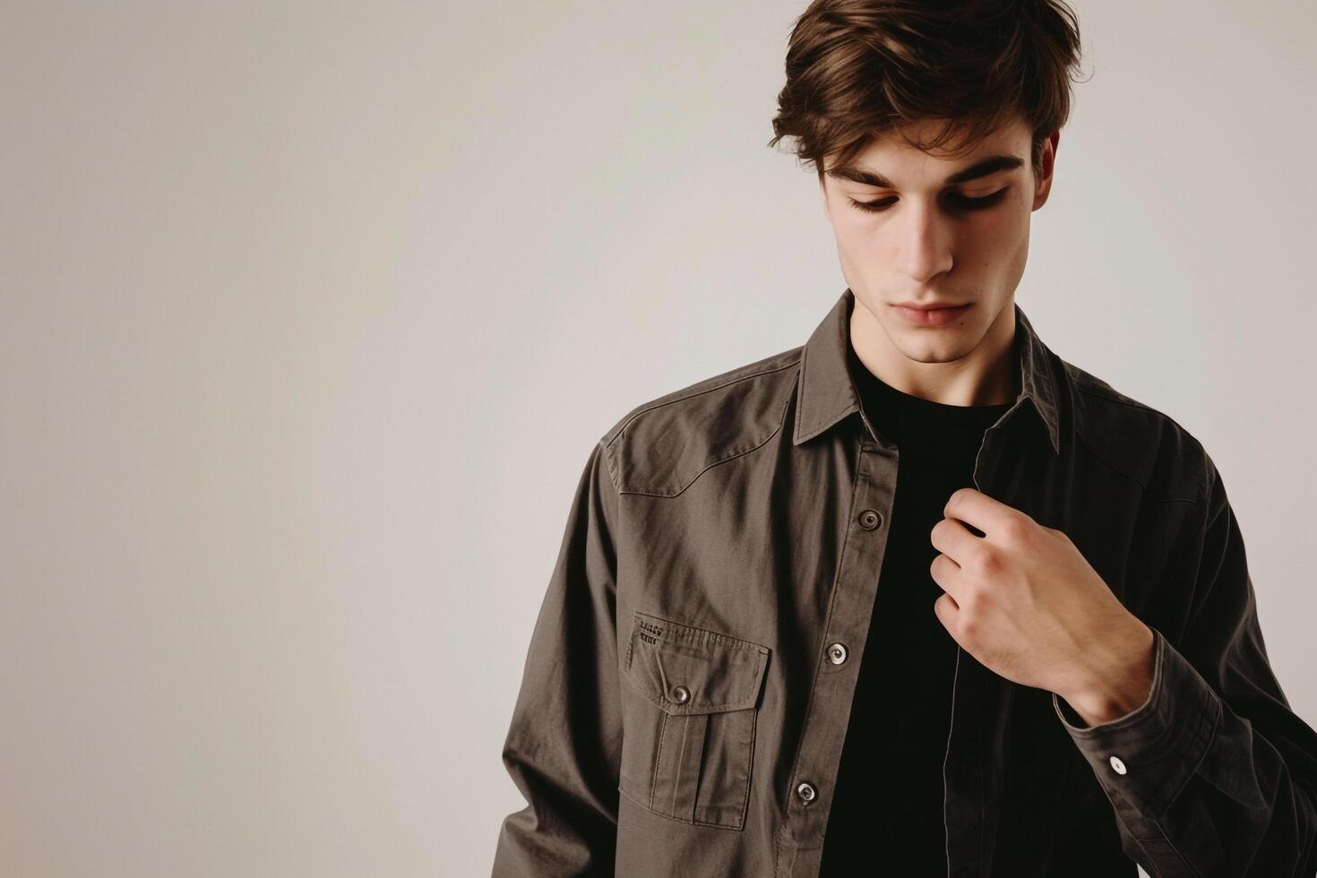 elegant male fashion model in an istt shirt with a light concrete background stylish portrait emphasizing modern Males apparel and sophisticated design photo