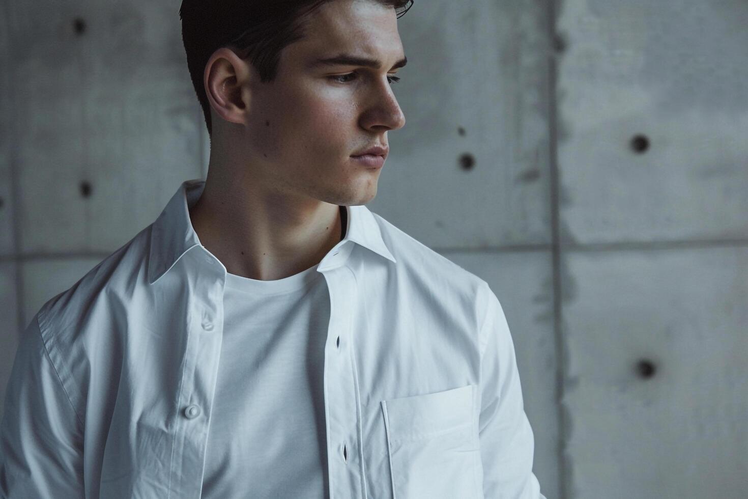 Fashionable male model in an istt shirt with a light concrete background modern portrait highlighting chic and stylish Males fashion choices photo