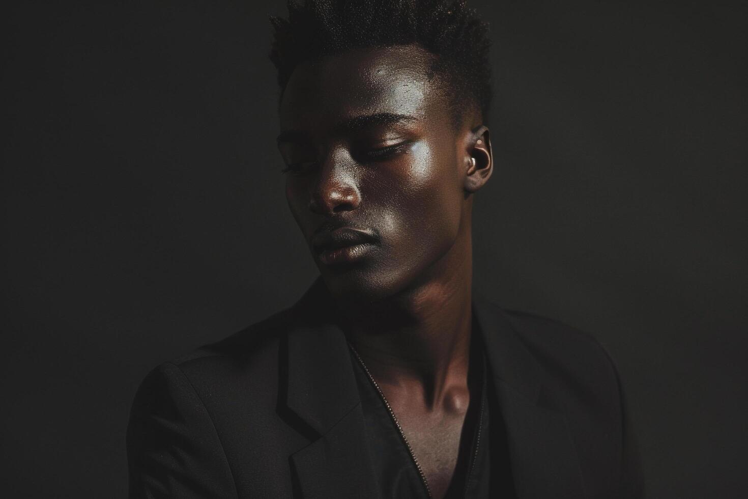 Trendy male model in a Males blazer with a matte charcoal background sophisticated portrait emphasizing modern and classic fashion choices photo