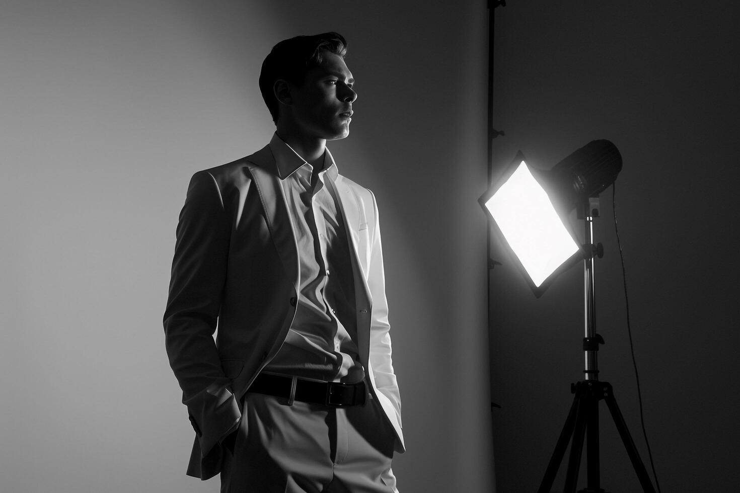Trendy male fashion model in an istt suit with a monochrome gradient background chic portrait showcasing modern and elegant Males fashion photo