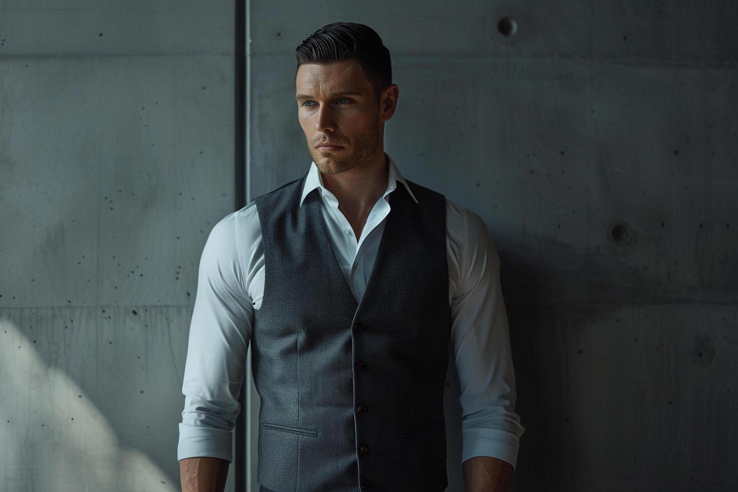 Fashion forward male model in a tailored vest with a concrete gray background modern portrait highlighting sophisticated and chic Males fashion photo
