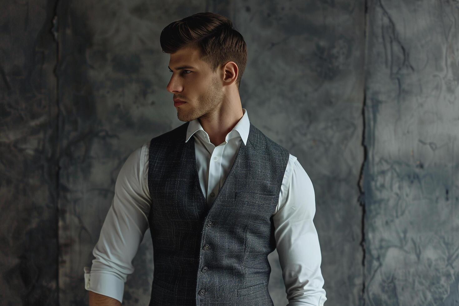 Stylish male fashion model in a tailored vest with a concrete gray background modern portrait emphasizing refined and chic Males fashion choices photo