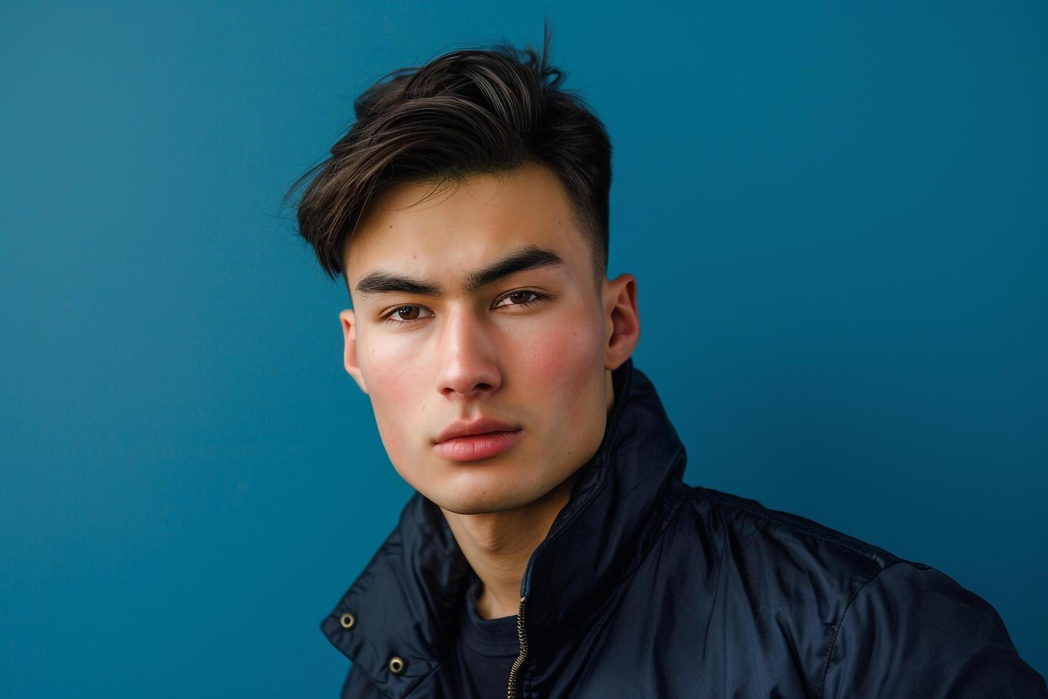 Fashion forward male model in a zip up jacket with an icy blue background stylish portrait focusing on contemporary and chic Males outerwear photo