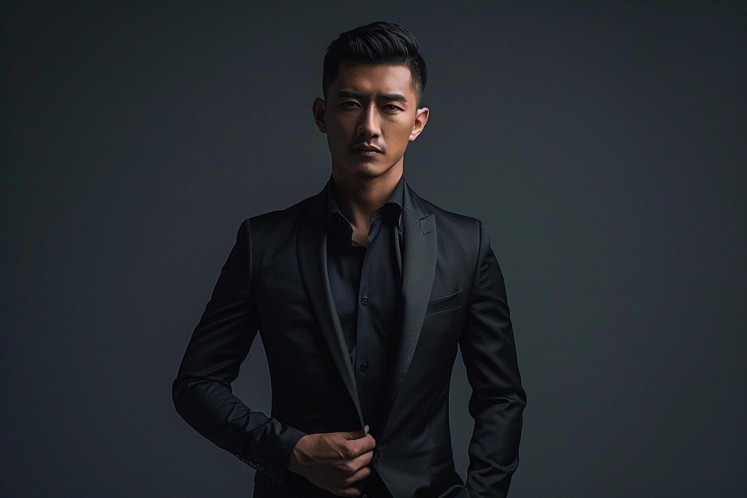 elegant male model in a blazer with a matte charcoal background modern portrait showcasing sophisticated and trendy Males fashion photo