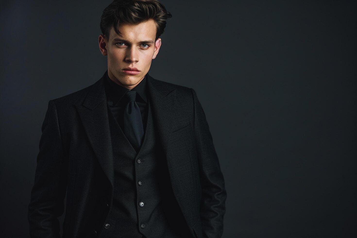 Chic male model in a tailored suit with a smooth charcoal background contemporary portrait highlighting refined and sophisticated Males fashion choices photo