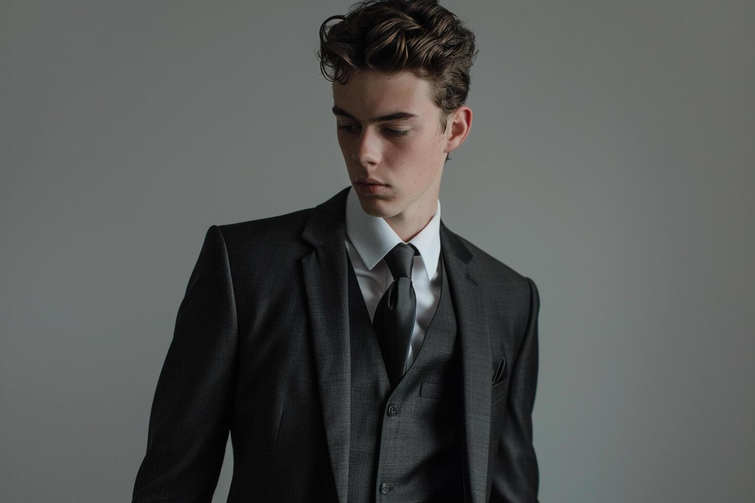 Fashionable male model in a suit with a slate gray background sophisticated portrait emphasizing modern and stylish Males fashion photo