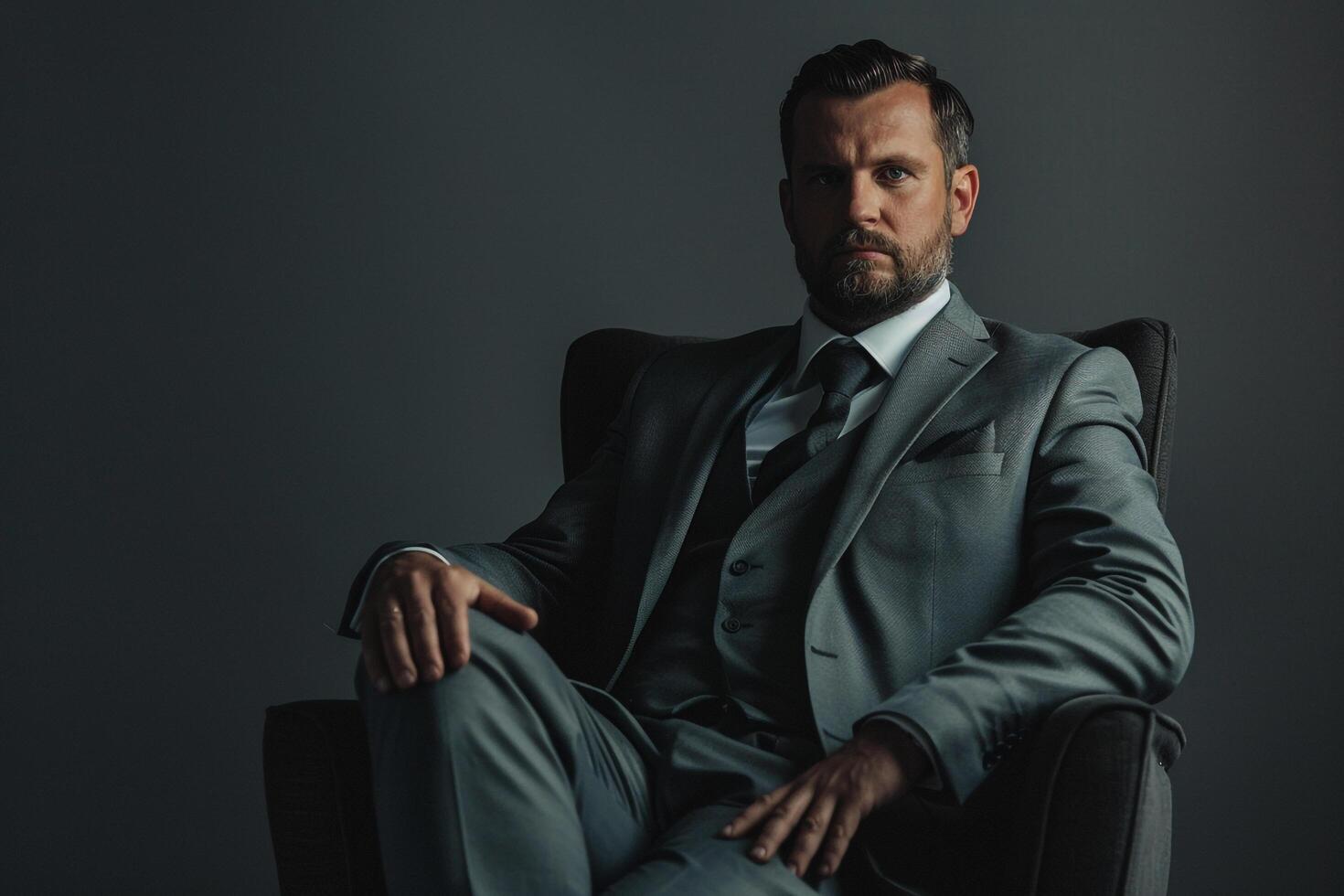 Stylish male fashion model in a suit with a slate gray background modern portrait focusing on sophisticated and chic Males apparel photo