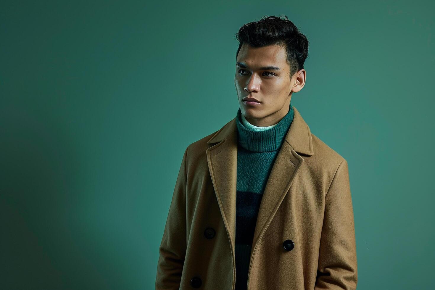 Stylish male fashion model in a trendy overcoat with a jade green background chic portrait highlighting modern and elegant Males outerwear photo