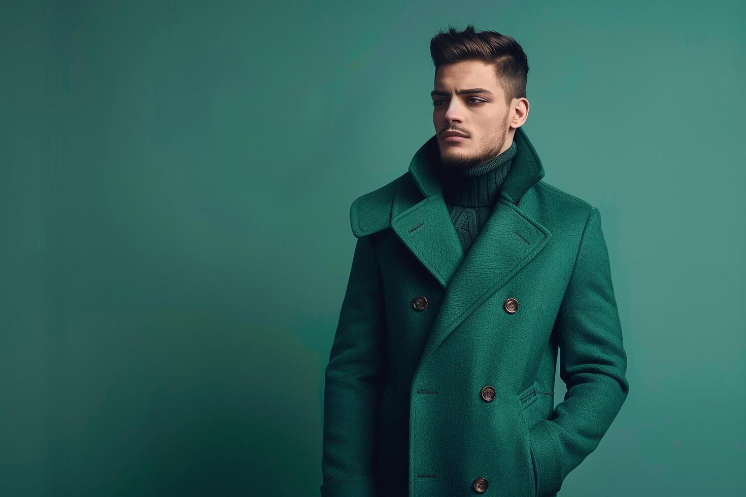 Trendy male fashion model in a stylish overcoat with a jade green background chic portrait highlighting modern and sophisticated Males outerwear photo