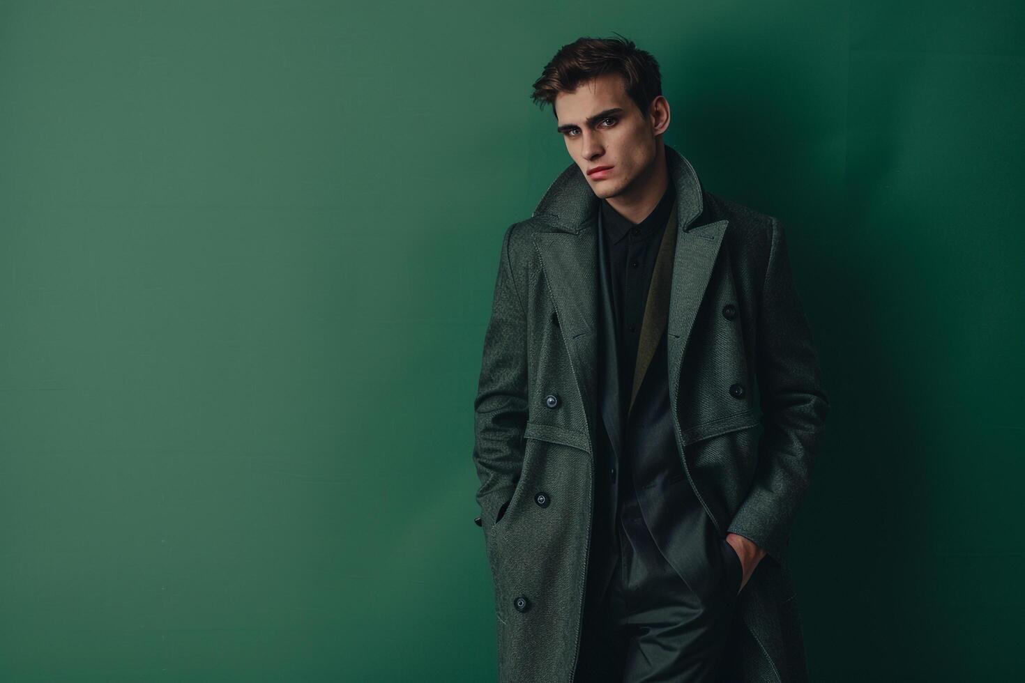 Handsome male model in a trendy overcoat with a jade green background contemporary portrait focusing on stylish and sophisticated Males fashion photo