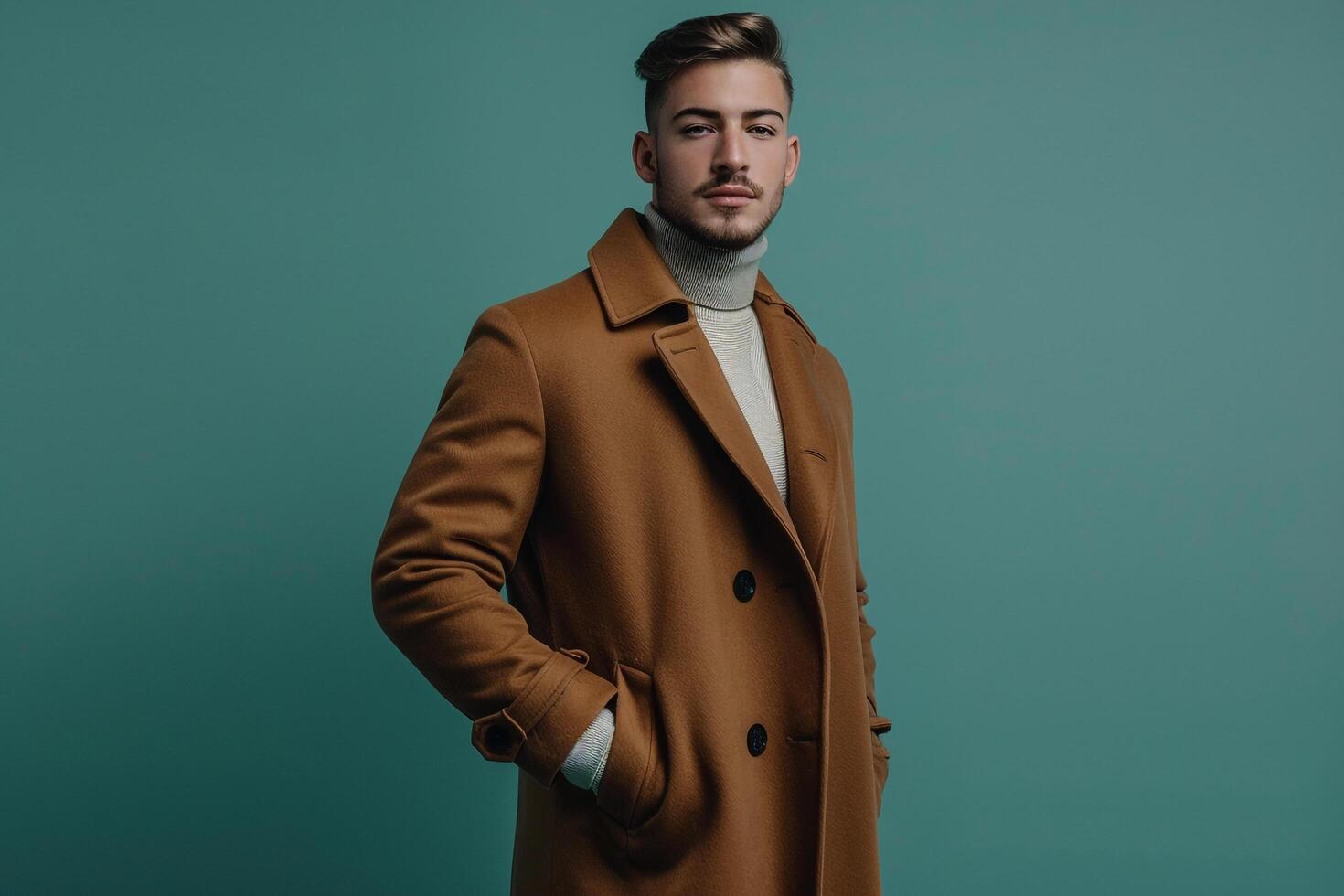 Handsome male model in a trendy overcoat with a jade green background stylish portrait focusing on modern and elegant Males outerwear photo