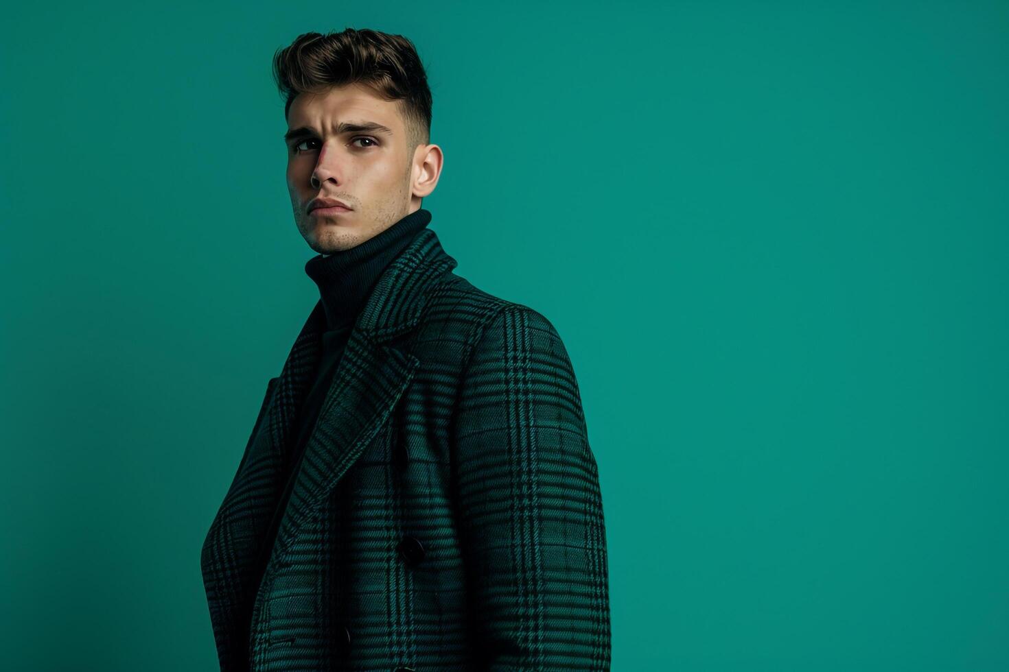 Stylish male fashion model in a trendy overcoat with a jade green background chic portrait showcasing elegant and modern Males outerwear photo