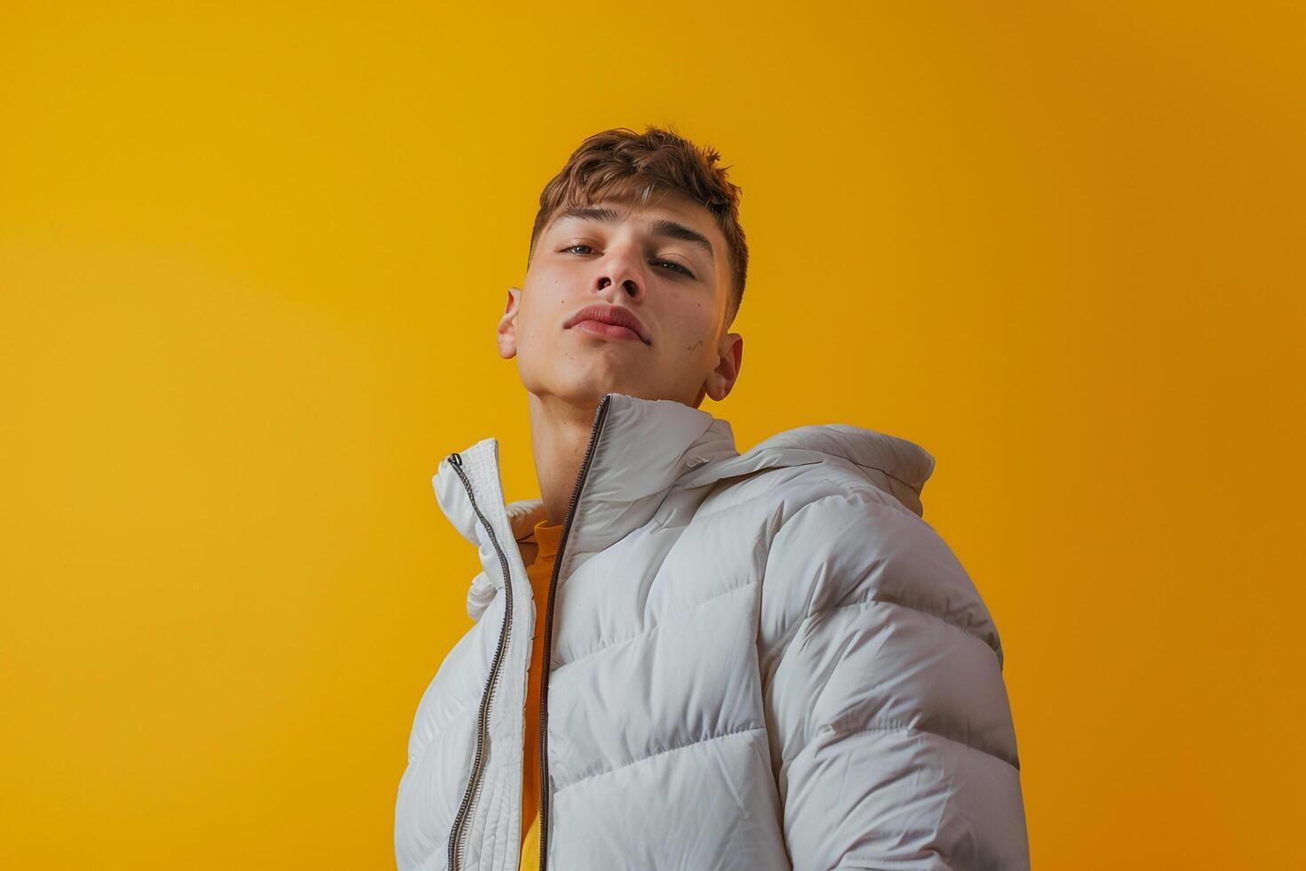 Trendy male model in a jacket with a bright yellow background chic portrait showcasing contemporary and stylish Males fashion photo