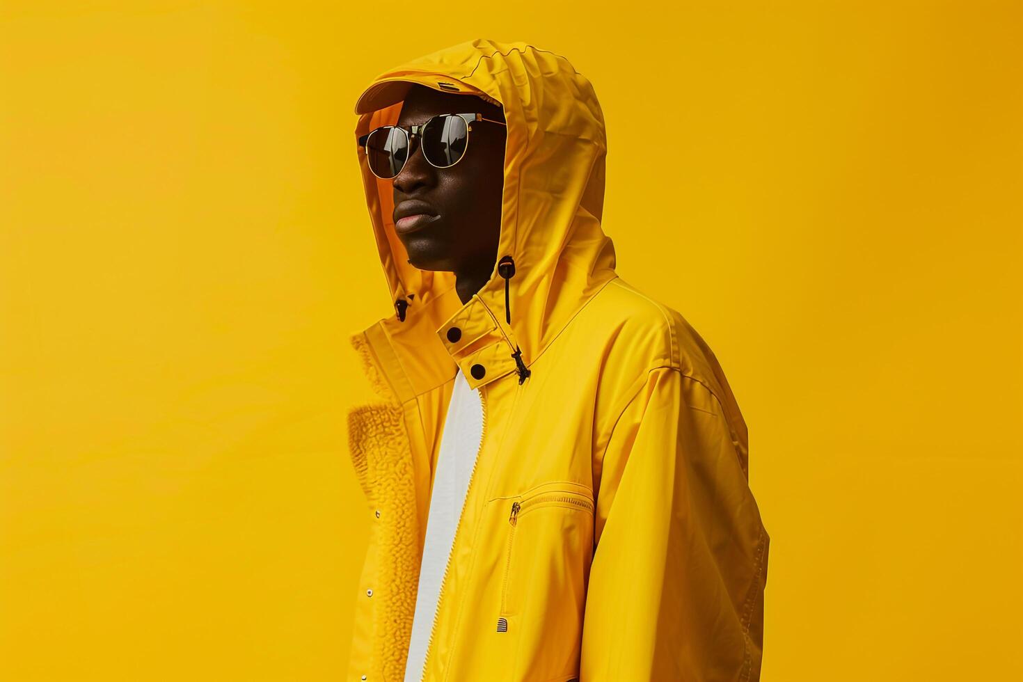 trendy jacket with a bright yellow background modern portrait emphasizing fashionable and elegant Males outerwear photo