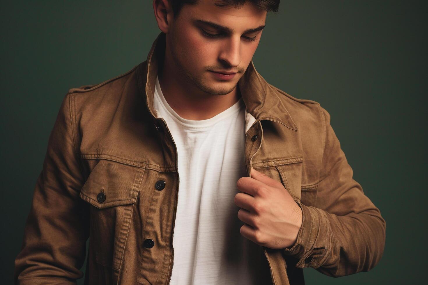 Trendy male fashion model in a stylish jacket male dress with aolive green male background reflectinglifestyle Males and fashion portrait style photo