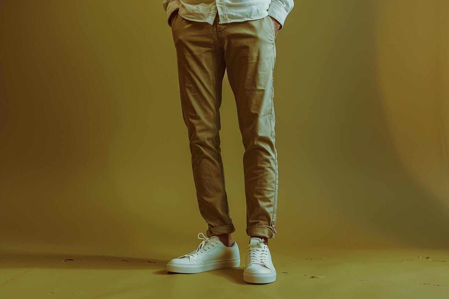 Stylish male fashion model in slim fit pants male dress with aolive green male background reflectinglifestyle Males and portrait fashion characteristics photo